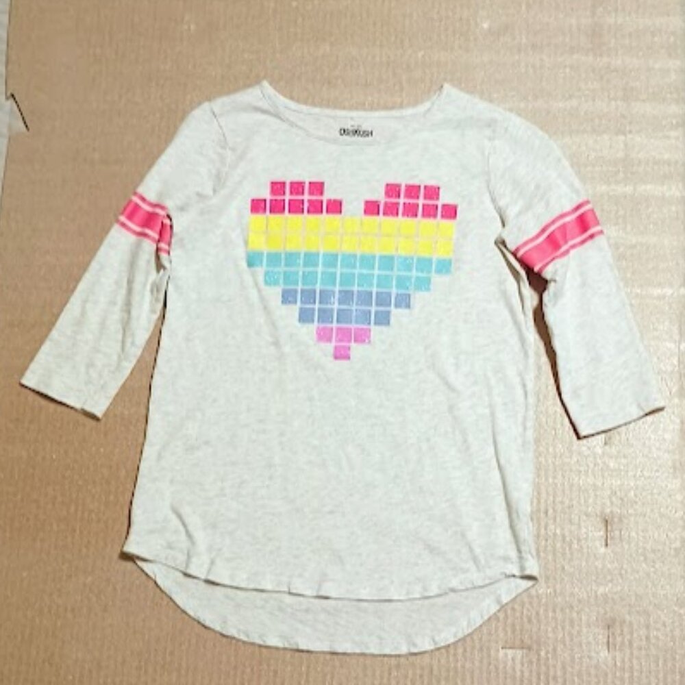 OshKosh B'gosh Girls size 10/12 Top, light gray 3/4 sleeve w/multi-color heart